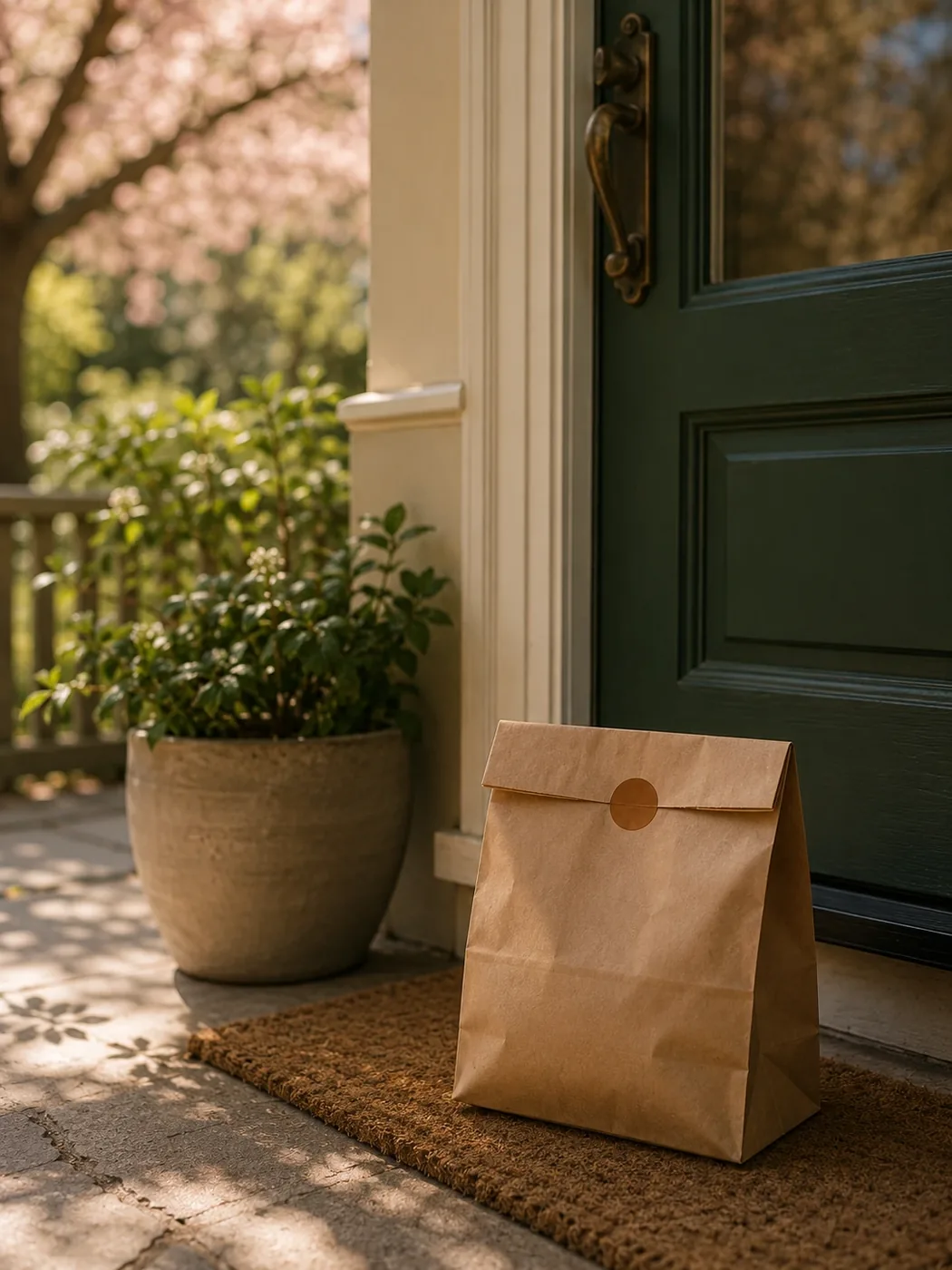 A discreet kraft pharmacy delivery bag on a doorstep, for free Carebridge prescription delivery in Fairview