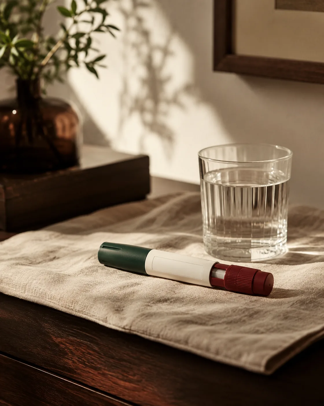 A single injection pen with a blank label resting on linen beside a glass of water in soft morning light